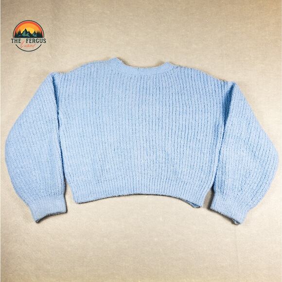 Almost Famous Ringtone Brooch Pastel Blue Trendy Crop Cable Knit Cardigan Sz L - Picture 3 of 11